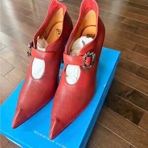 John Fluevog Fantine  Pointed Mary Jane Heels with Decorative Skull Buckle